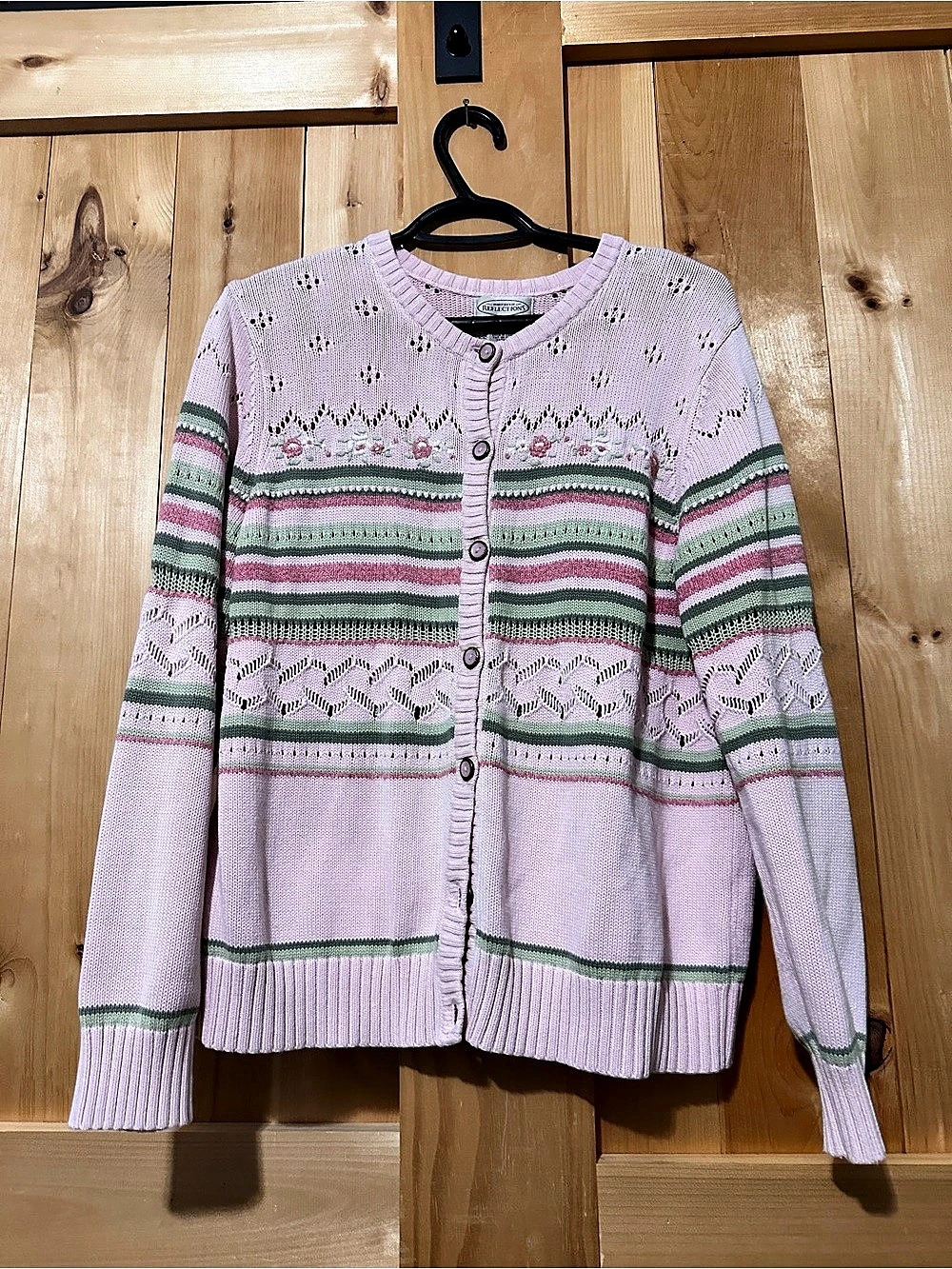 Norther Reflections Striped Knit Cardigan in Pink & Green Size Large- vintage